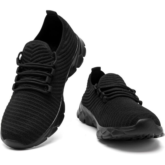 Men's Black Gym Sneaker Running Breathable Lightweight Walking Slip on Shoes - Picture 6 of 6